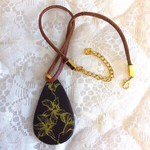 NEW Bauxo Brown Leather Necklace Dark Brown Leather Handmade Floral Pendant
